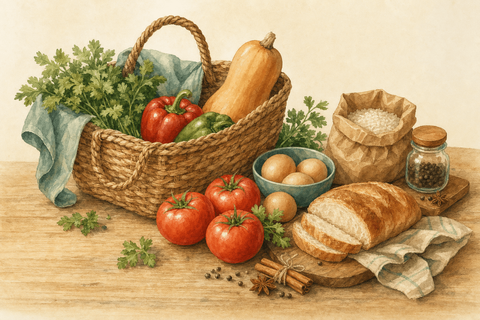 A watercolour market basket with familiar vegetables, eggs, rice, bread, and spices